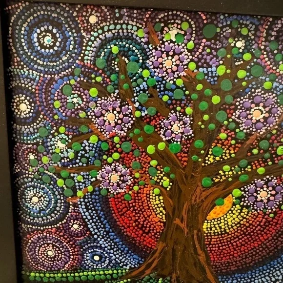 Beautiful hand painted in dot mandala style Tree. Black frame 9”x10”